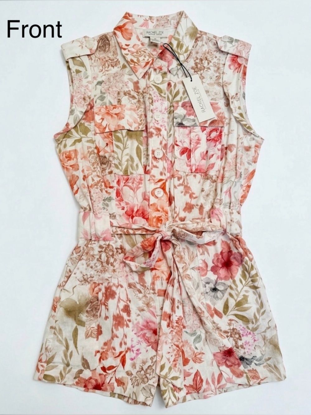 Rachel Zoe Floral Sleeveless Button Romper in Blush and Cream - Picture 2 of 5